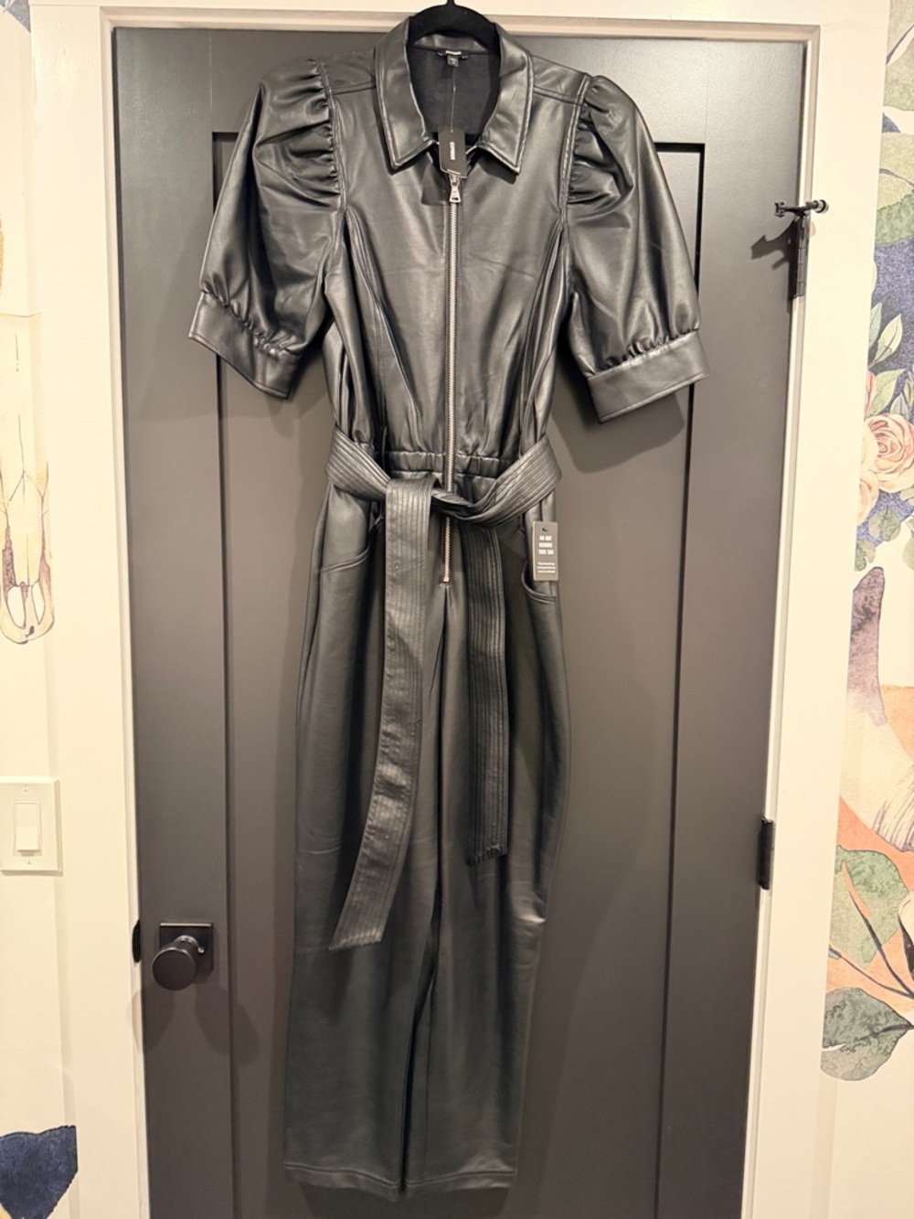 Express Black Faux Leather Belted Jumpsuit